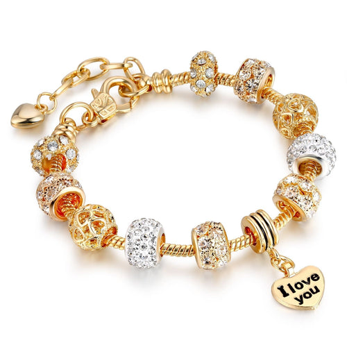Gold Heart Charm Bracelet | CZ Crystal Snake Chain
