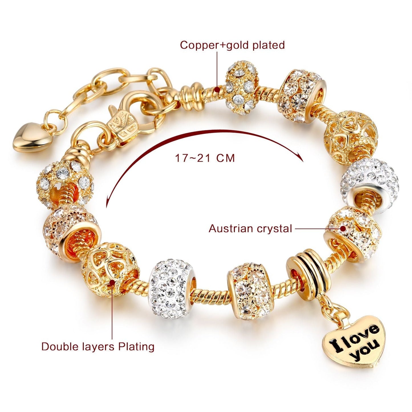Gold Heart Charm Bracelet | CZ Crystal Snake Chain