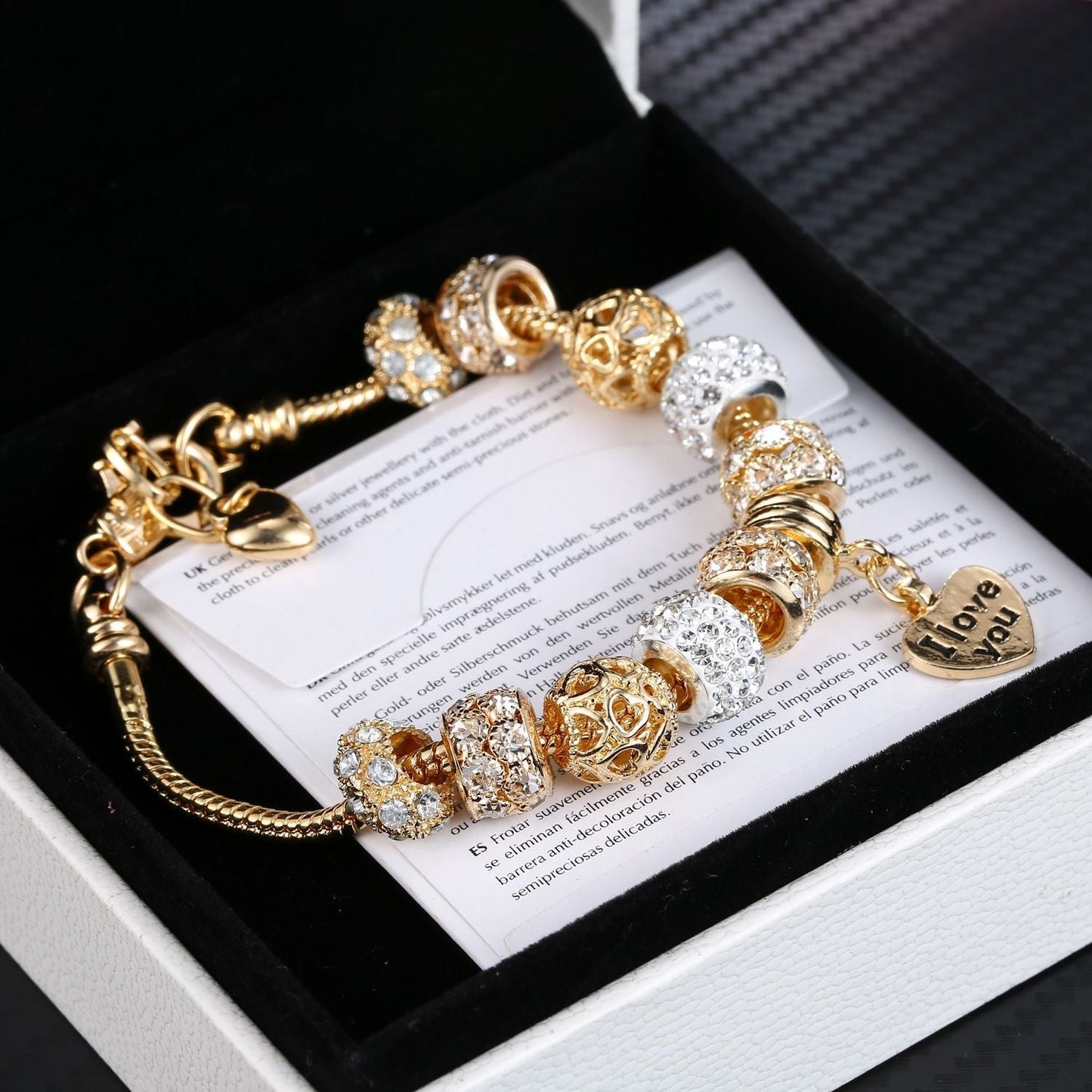 Gold Heart Charm Bracelet | CZ Crystal Snake Chain